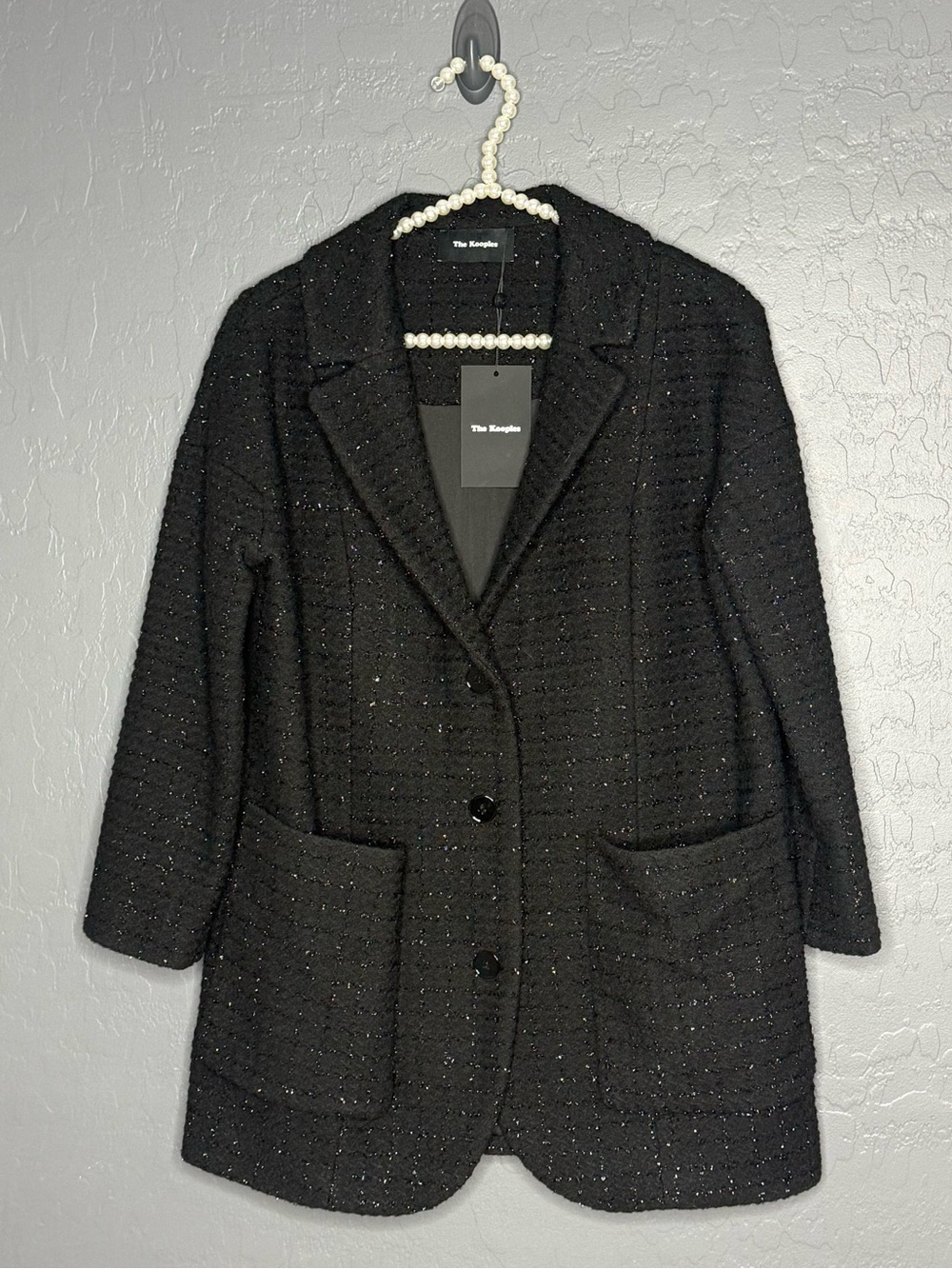 The Kooples Black Shiny Caviar Tweed Blazer Jacket with Subtle Sparkle BLA01
